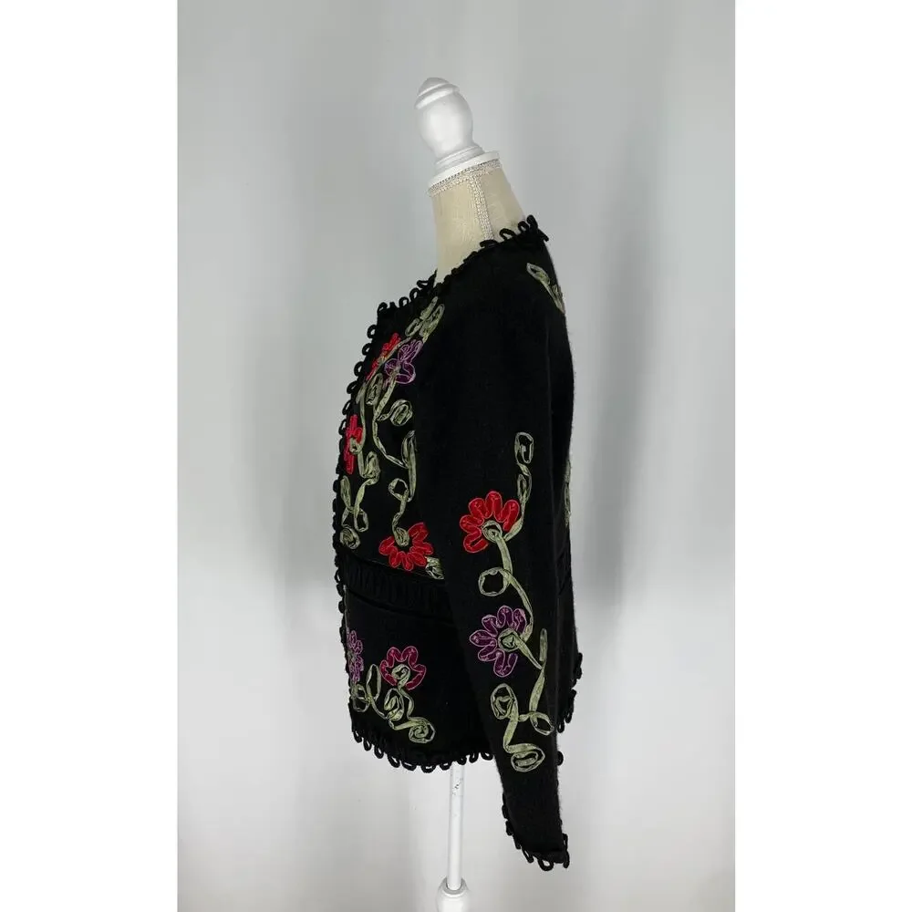 Carson Vintage Wool Floral Ribbon Open Cardigan Sweater Womens Medium Black Red